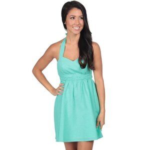 EUC Lauren James Stratton Solid Seafoam Green Bow Halter Seersucker Dress M